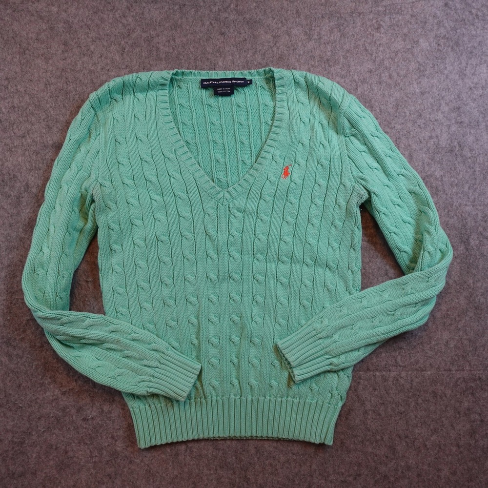 Ralph Lauren Sport Sweater Women Medium Teal Cable Knit VNeck Cotton Long Sleeve